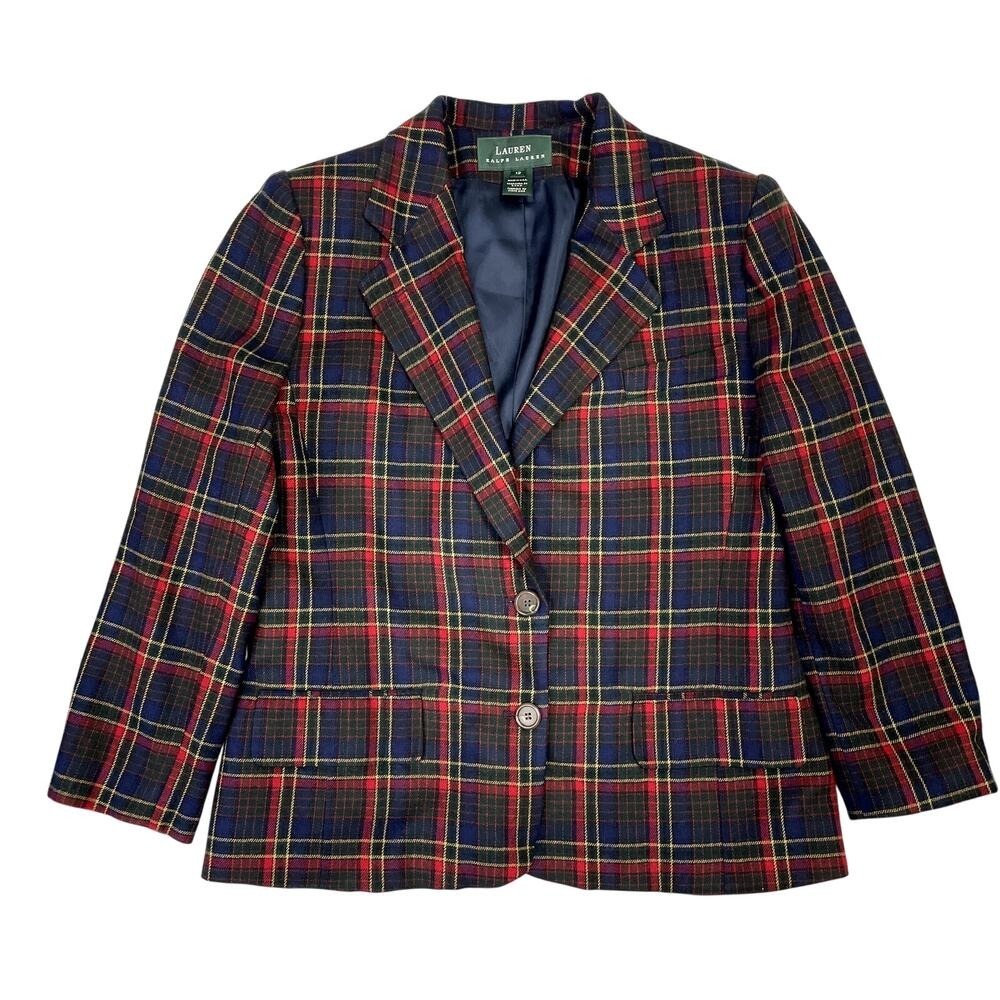 Lauren Ralph Lauren Plaid Worsted Wool Blazer Navy Red Green Size 12 Made in USA